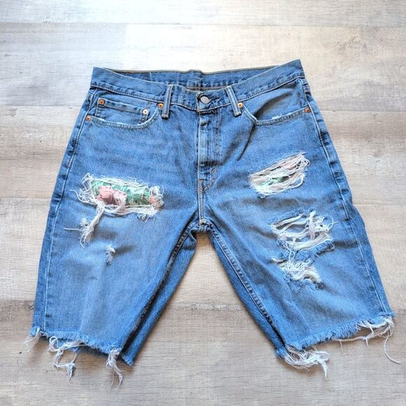Levis 511 Jeans Shorts Mens 34 Blue Floral Cut-off Distressed Denim 90s Grunge - Picture 1 of 7